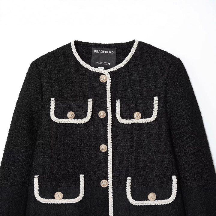 Damen nan klassische Bouclé-Jacke mit kontrastierender Paspelierung und Zierknöpfen Drune