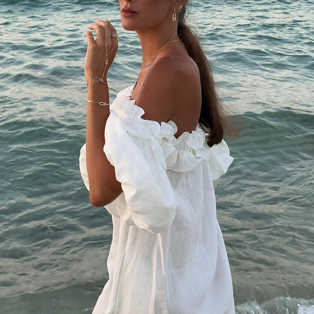 Damen Off-Shoulder Sommerkleid mit Rüschendetails Drune