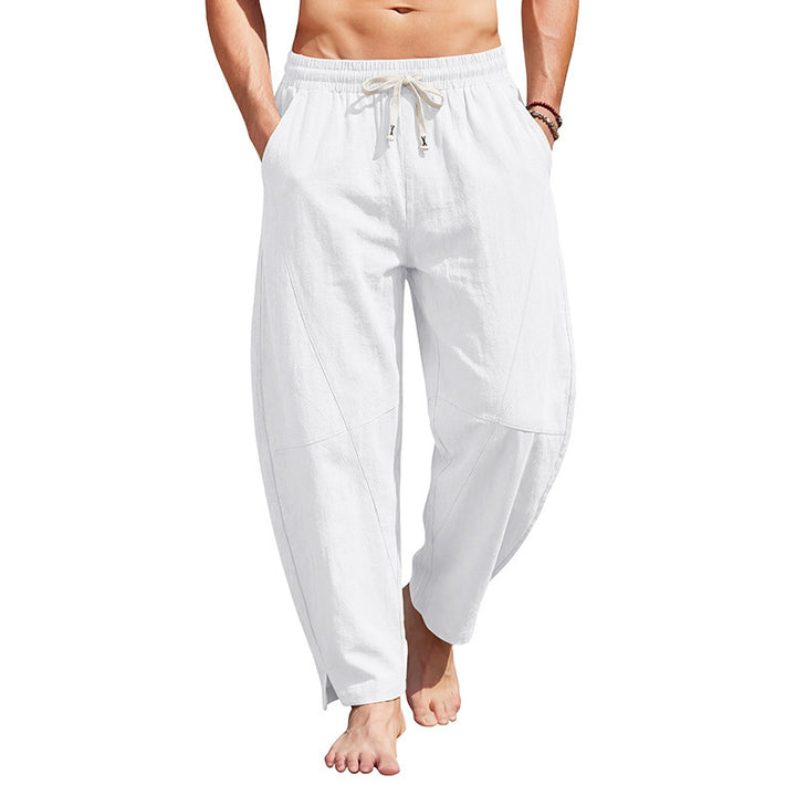 Herren knöchellange Freizeithose aus Leinenmix mit elastischem Kordelbund und seitlichen Schlitzen Drune