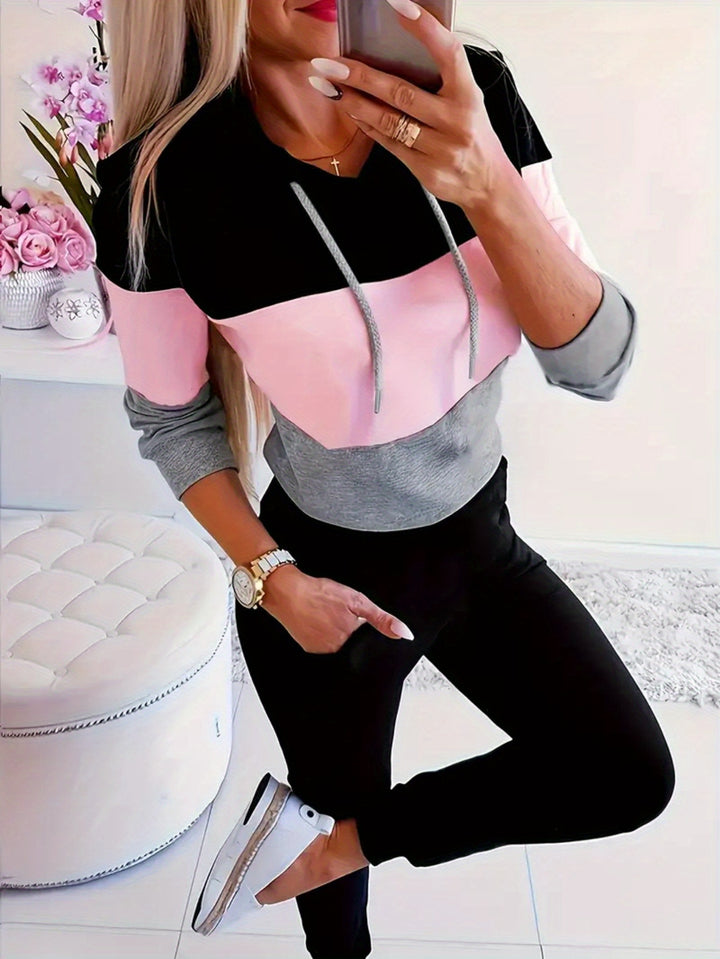 Damen modischer Freizeitpullover mit Kapuze und Farbblockdesign Drune