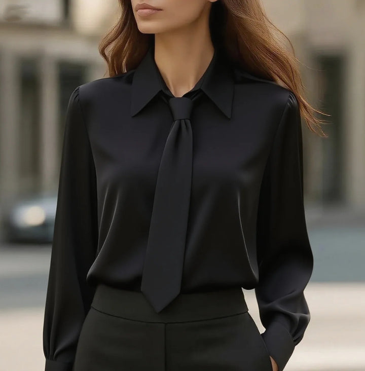 Damen Seidige Business Bluse mit Hemdkragen und integrierter Schleife Drune