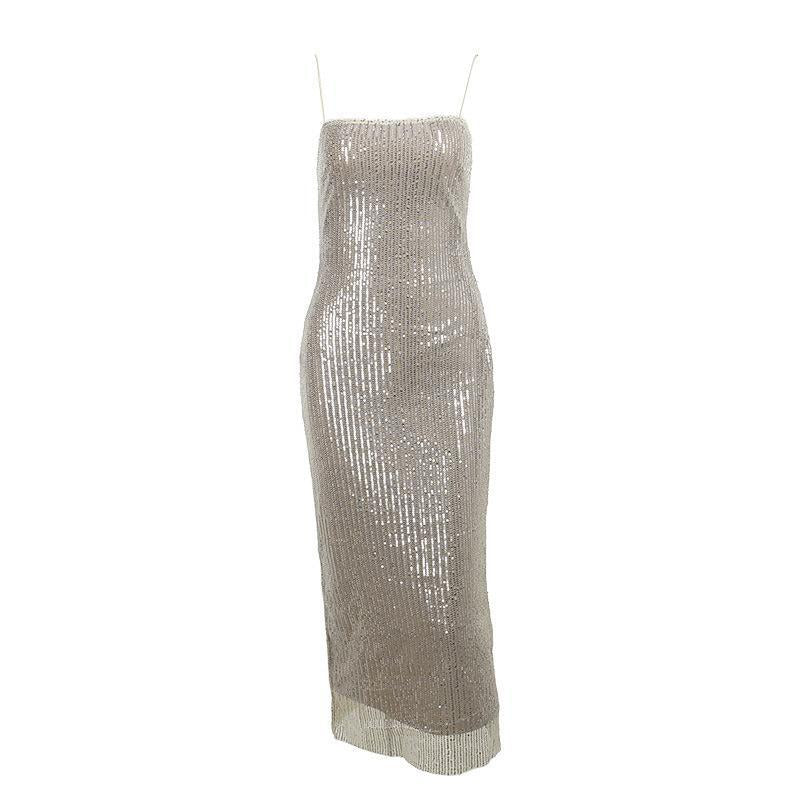 Damen Maxi-Kleid aus funkelndem Strick mit schmalen Spaghettiträgern Drune