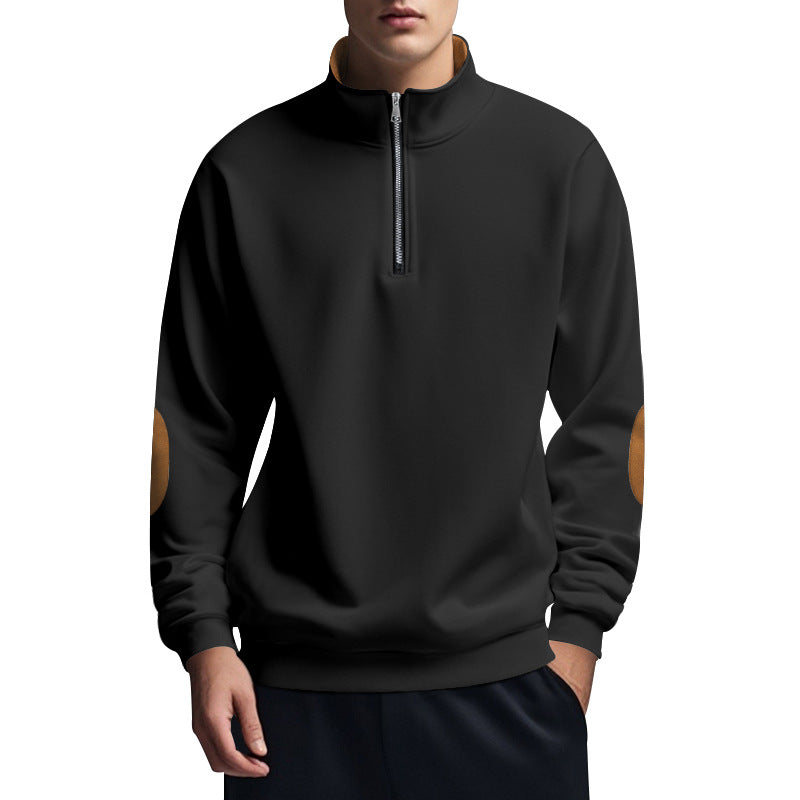 Herren nan halbhoher Zip-Pullover mit Stehkragen, Ellbogen-Patches und modernem Regular Fit Drune
