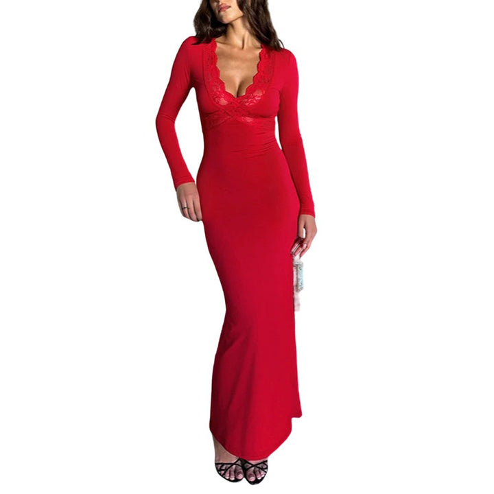 Damen figurbetontes Maxikleid mit Spitzen-Bustier tiefem V-Ausschnitt und taillierter Empire-Naht Drune