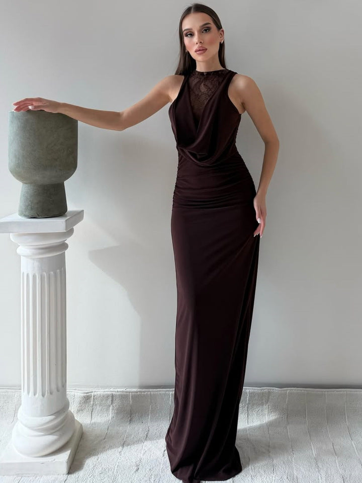Damen Elegantes Maxikleid mit elegantem Neckholder-Design und raffinierter Spitzenlage Drune