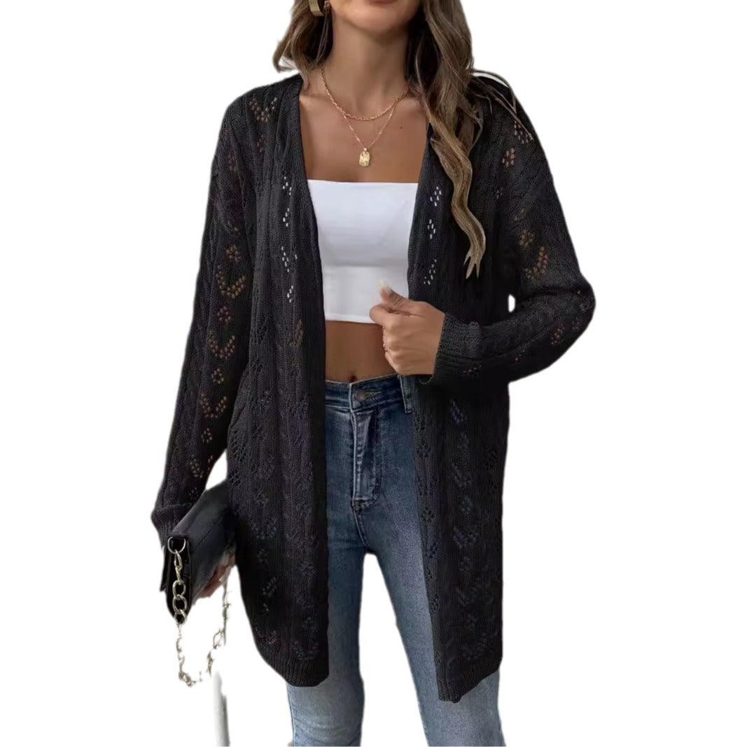 Damen luftiger Strickcardigan mit filigranem Lochmuster Drune