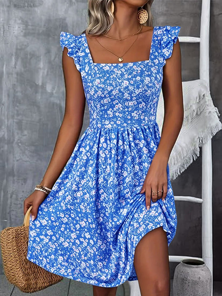 Damen Blumenkleid mit fließendem Rock und Rüschendetails Drune