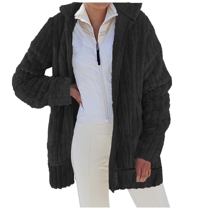 Damen Oversize Teddy‑Fleece Kapuzenmantel mit Rippbündchen und Eingrifftaschen Drune