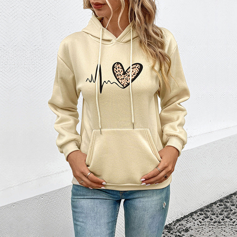 Damen Kapuzenpullover mit Herz‑EKG‑Print, Kängurutasche und lockerer Passform Drune