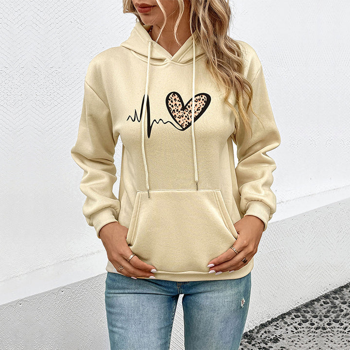 Damen Kapuzenpullover mit Herz‑EKG‑Print, Kängurutasche und lockerer Passform Drune