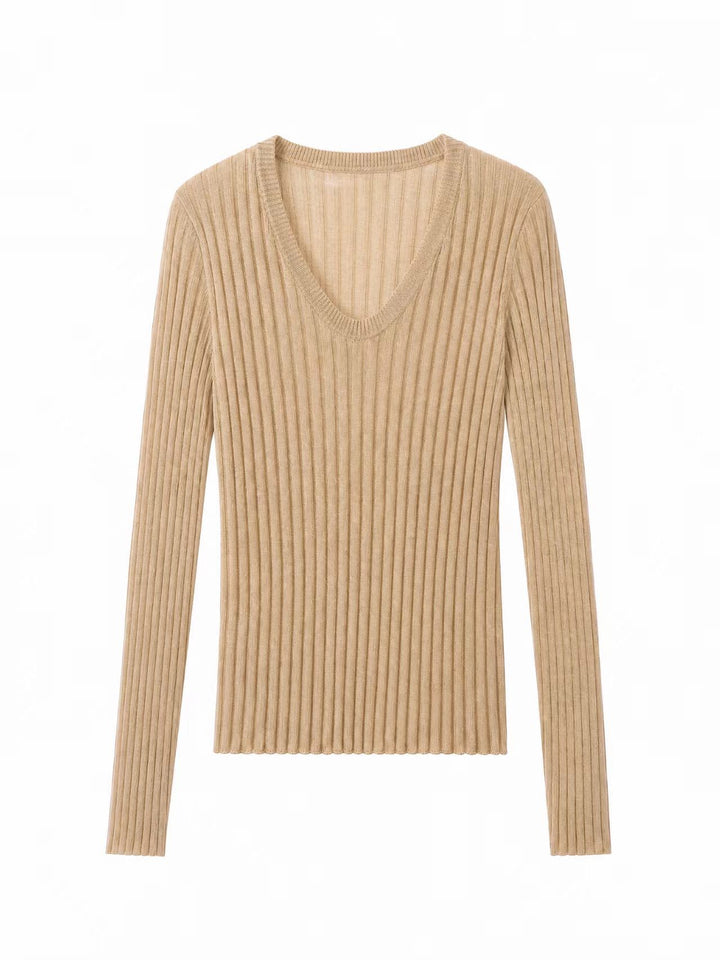Damen Enges Feinstrick-Longsleeve mit tiefem V-Ausschnitt und breiter Rippenstruktur Drune