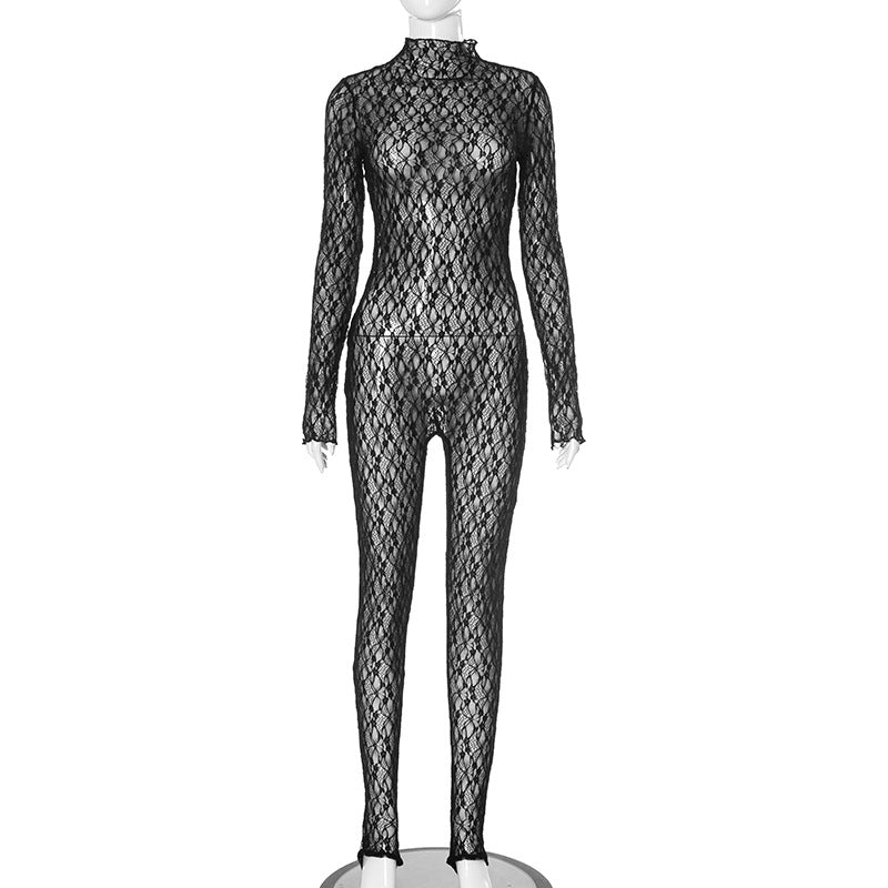 Damen Sheer Lace Body mit langen Ärmeln und hohem Kragen Drune
