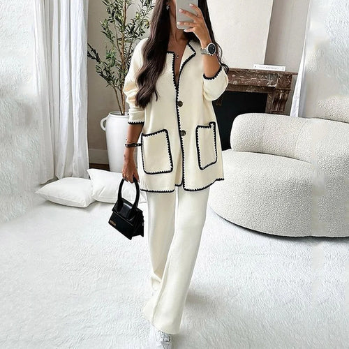 Damen Longline-Strickset mit kontrastbesetzter Strickjacke und weitem Palazzo-Hosen Drune