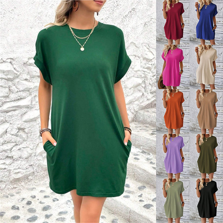 Damen lässiges T-Shirt-Kleid mit umschlagbaren Ärmeln und Taschen Drune