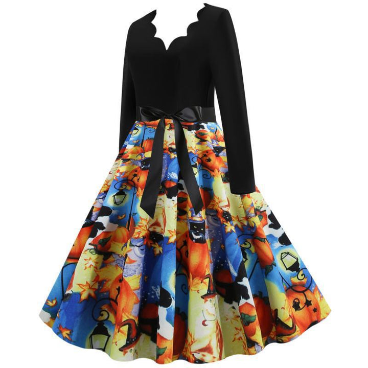 Damen Retro Swingkleid mit gewelltem Ausschnitt, langen Ärmeln und Halloween-Print Tellerrock Drune