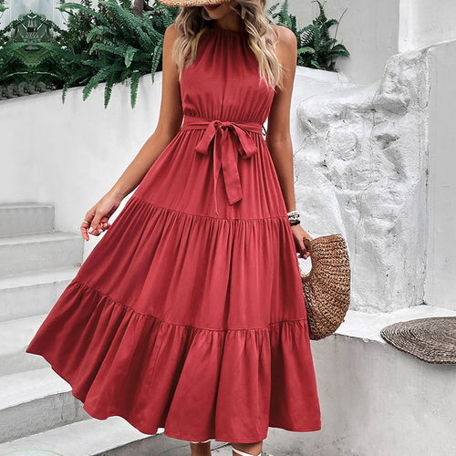 Damen Maxikleid mit tiefem V-Ausschnitt, Taillengurt und voluminösem Rock Drune