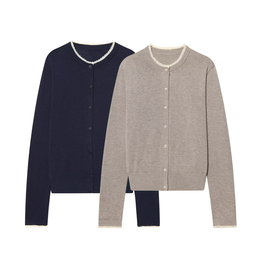 Damen Feinstrick-Cardigan mit Rundhals, Knopfleiste und Spitzenbesatz Drune