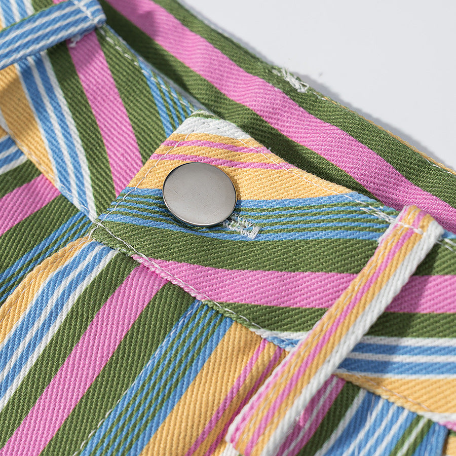 Damen Gestreifte gerade geschnittene Hose mit hoher Taille und Fünf-Taschen-Schnitt Drune