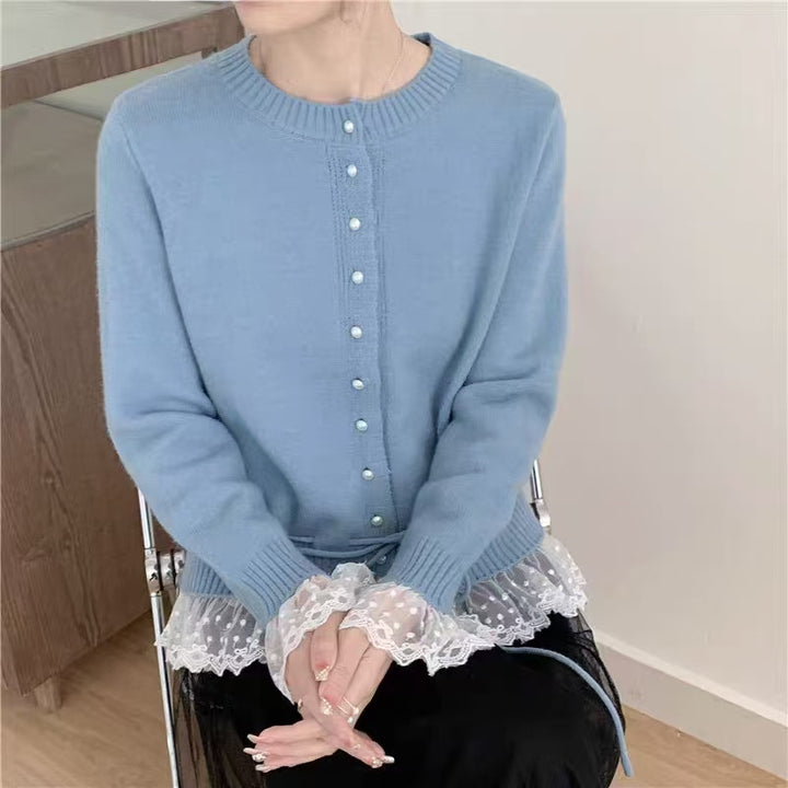 Damen Strickjacke mit Spitzenabschluss und Knopfdetails Drune