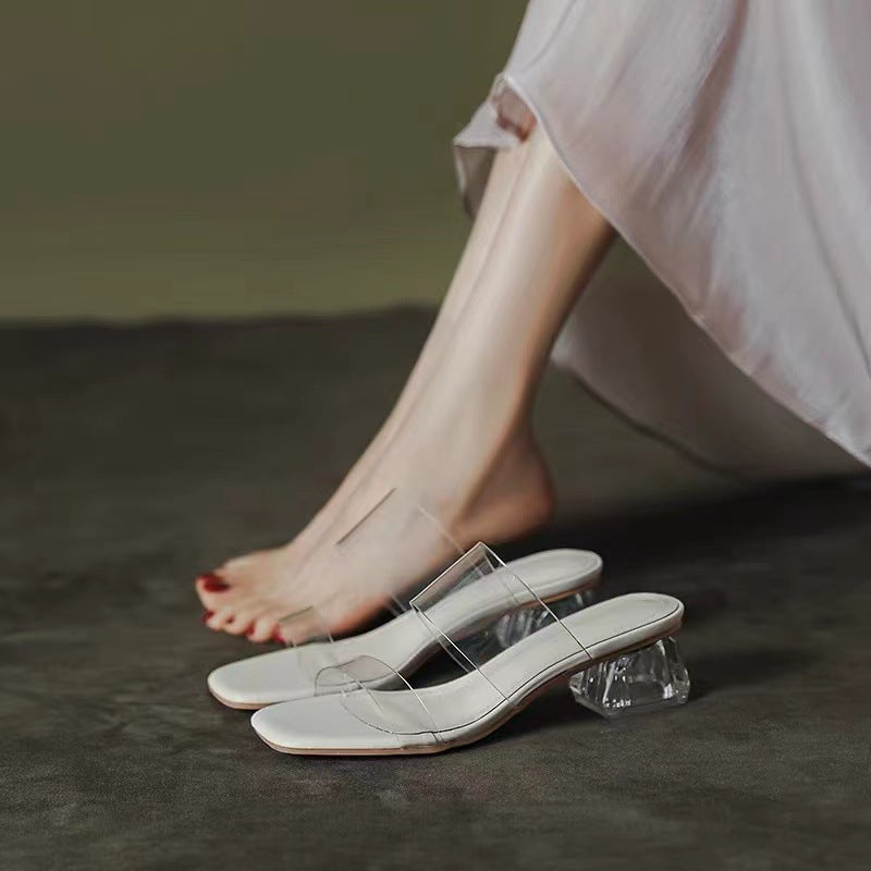 Damen Minimalistische Doppelriemen Mules mit transparentem Obermaterial und geometrischem Blockabsatz Drune