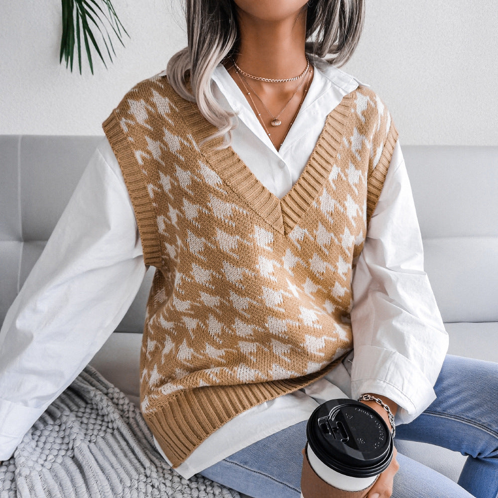 Damen Rippstrick-Weste mit V-Ausschnitt und Hahnentritt-Design Drune