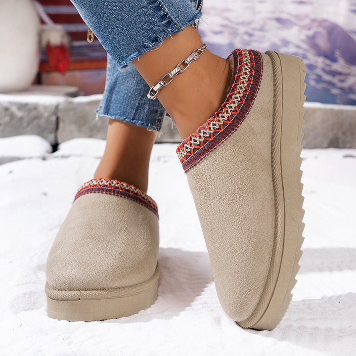 Damen Gefütterte Loafer‑Hausschuhe aus Wildlederimitat mit besticktem Rand und profiliertem Plateau Drune