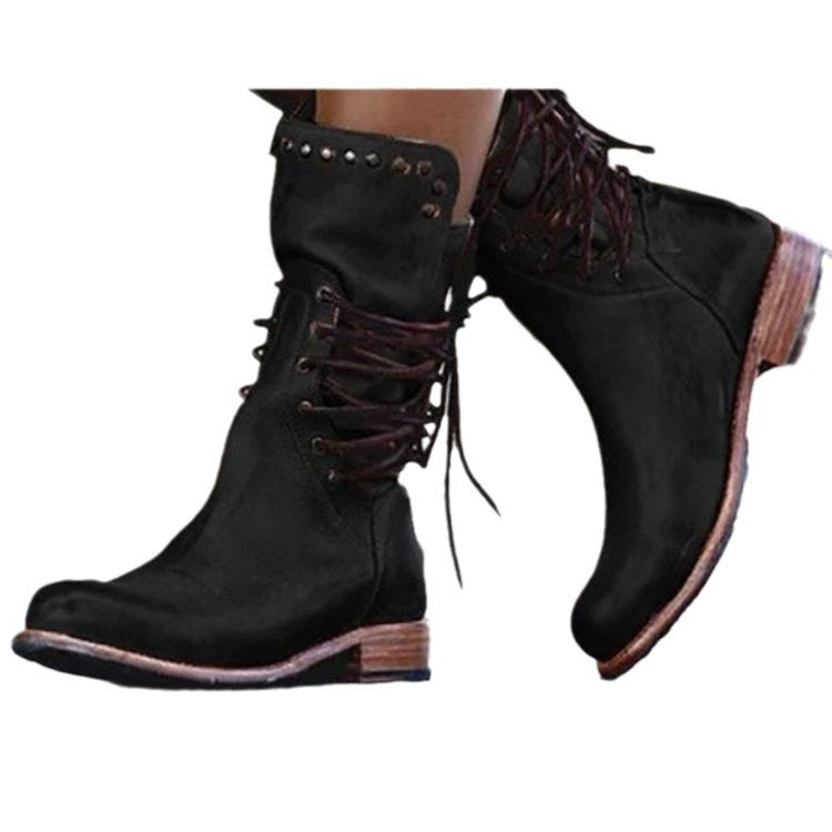 Damen Lederstiefel mit Schnürung und Nieten Drune