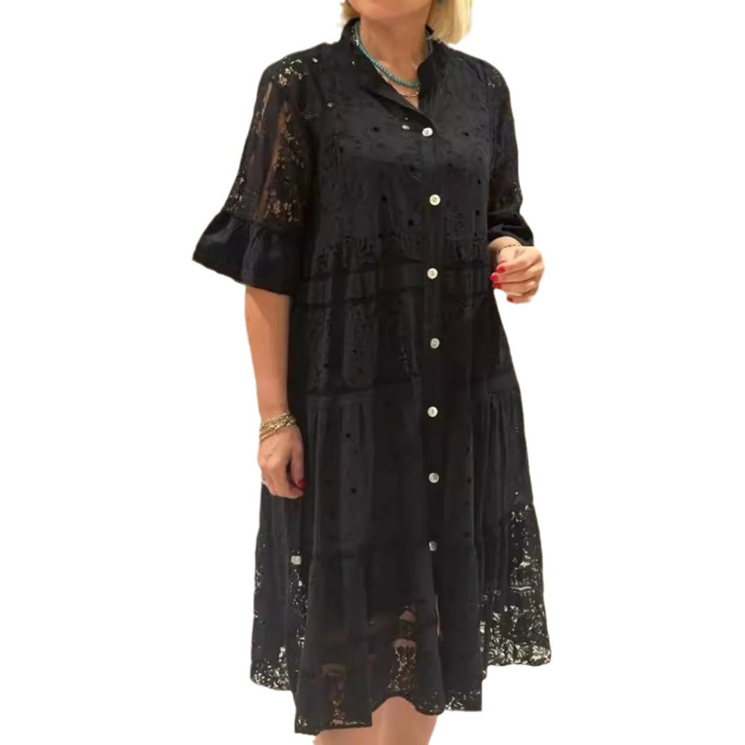Damen nan Hemdblusen-Midikleid mit Spitzen-Einsätzen, Stufenrock und durchgehender Knopfleiste Drune