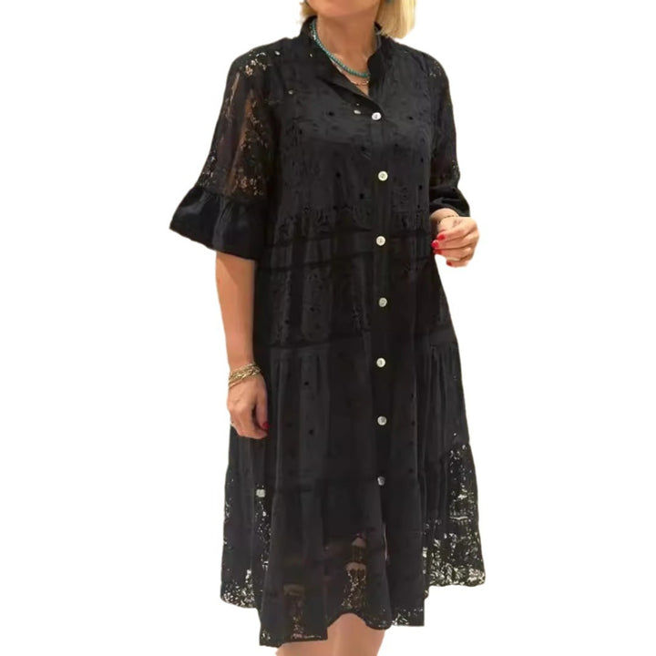 Damen nan Hemdblusen-Midikleid mit Spitzen-Einsätzen, Stufenrock und durchgehender Knopfleiste Drune