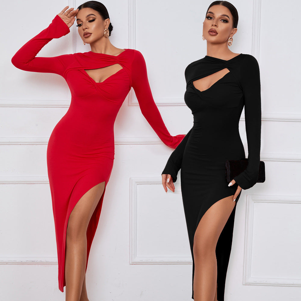Damen elegantes Langarm-Kleid mit schickem Cut-Out und hohem Schlitz Drune