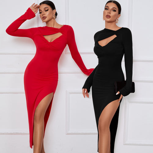 Damen elegantes Langarm-Kleid mit schickem Cut-Out und hohem Schlitz Drune