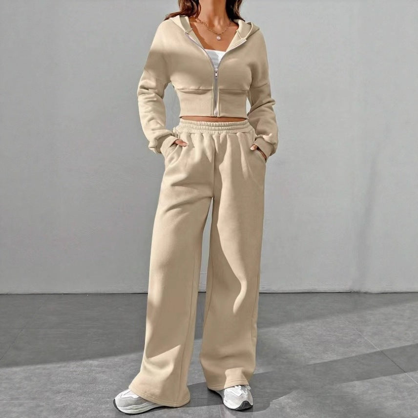 Damen nan kurzes Kapuzen-Sweatshirt mit Reißverschluss und weite High-Waist Jogginghose Drune