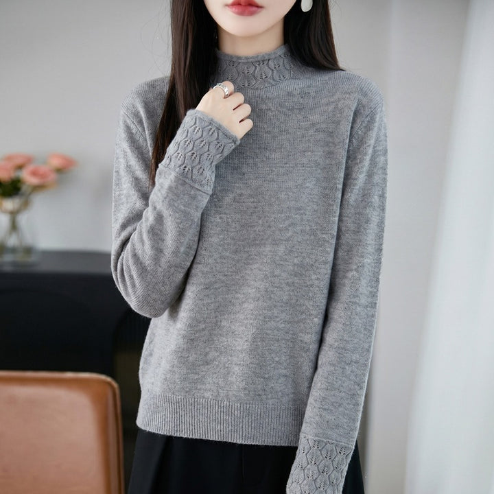 Damen Mockneck-Feinstrickpullover mit Ajour-Detail an Kragen und Bündchen Drune