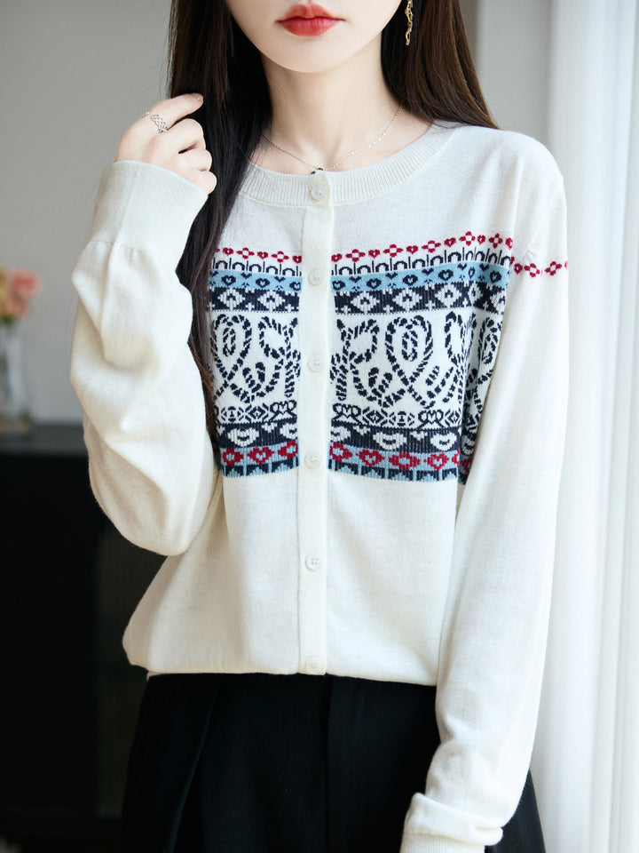 Damen Leichter Feinstrick-Cardigan mit nordischem Jacquardmuster und feiner Knopfleiste Drune