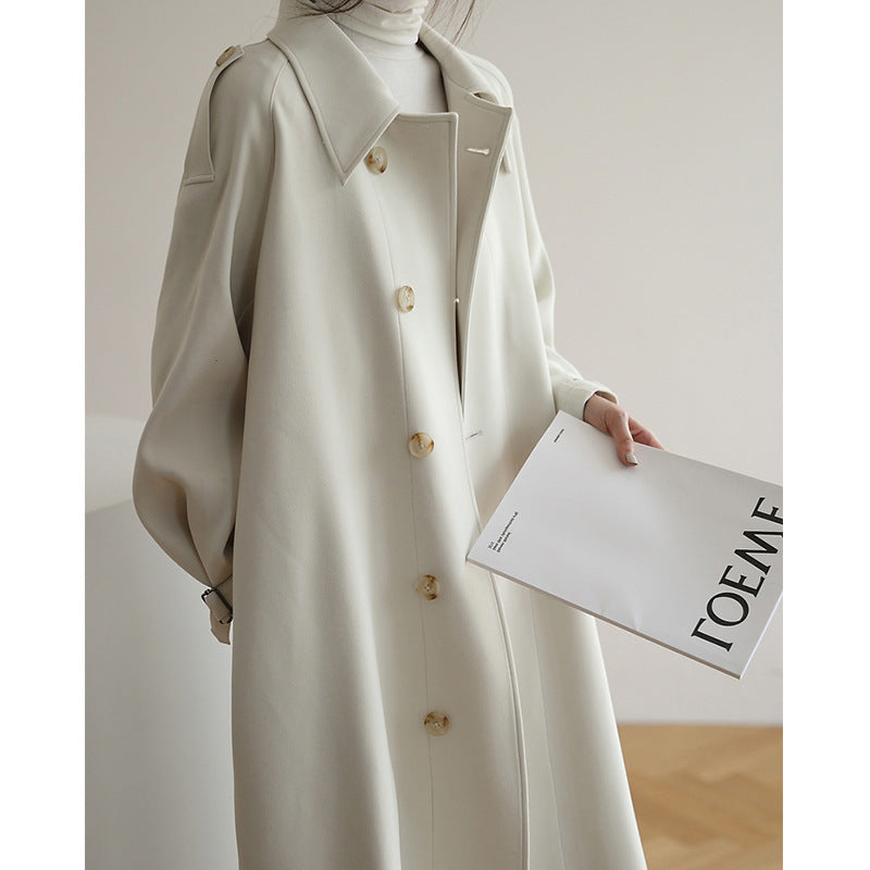 Damen Langer minimalistischer Trench‑Mantel im Cocoon‑Schnitt mit verstellbaren Manschetten Drune