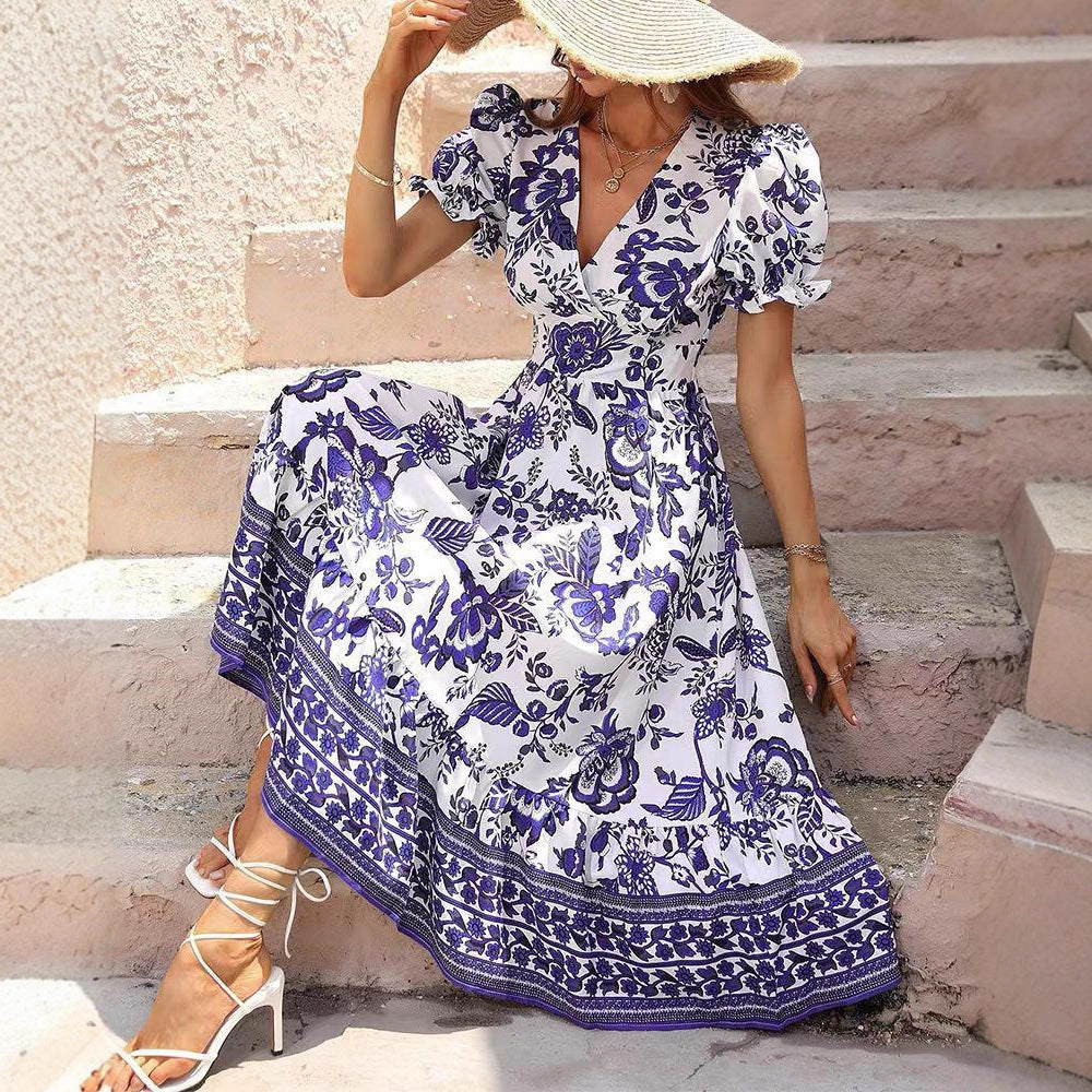 Damen nan boho-inspiriertes Maxikleid mit geraffter Empire-Taille, kurzen Puffärmeln und dekorativem Bordürenprint Drune