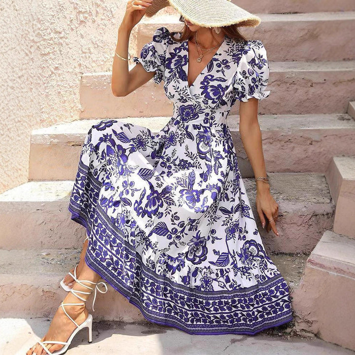 Damen nan boho-inspiriertes Maxikleid mit geraffter Empire-Taille, kurzen Puffärmeln und dekorativem Bordürenprint Drune