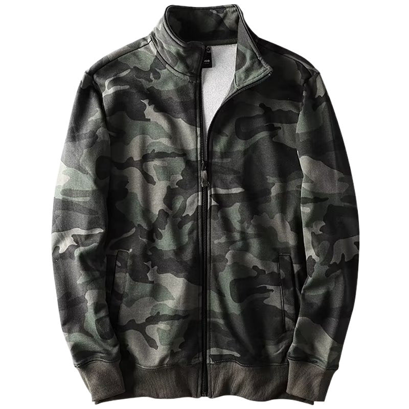 Herren Camouflage Baumwoll‑Fleece‑Zipjacke mit Stehkragen und Rippbündchen Drune