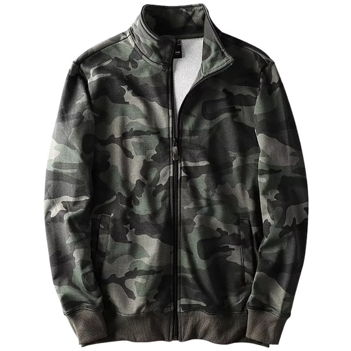 Herren Camouflage Baumwoll‑Fleece‑Zipjacke mit Stehkragen und Rippbündchen Drune