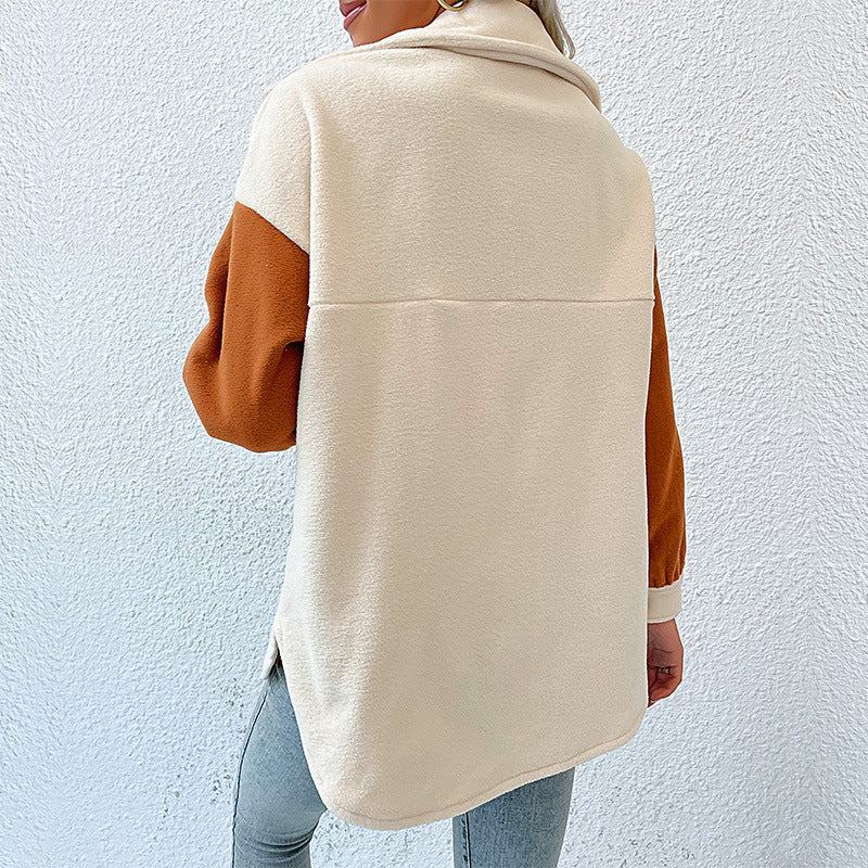 Damen weite Hemdjacke aus Teddyfleece mit Kontrastärmeln und aufgesetzten Taschen Drune