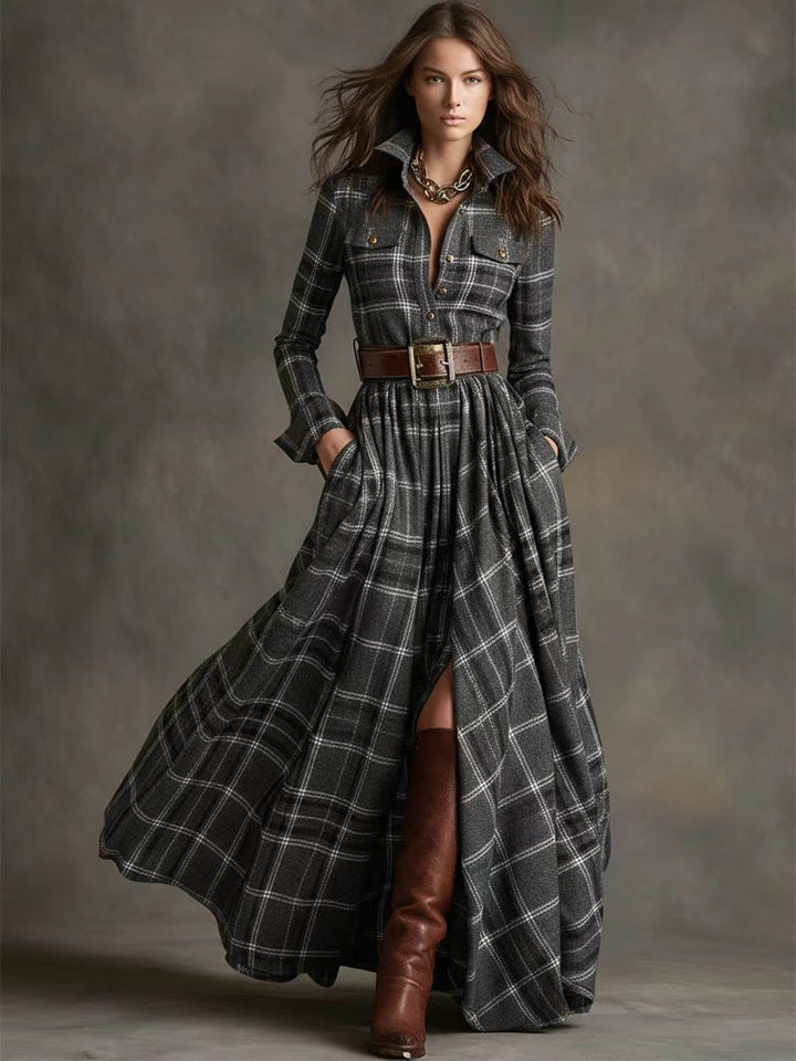 Damen nan karierte Maxikleid Hemdblusenkleid mit ausgestelltem Rock und breitem Taillengürtel Drune