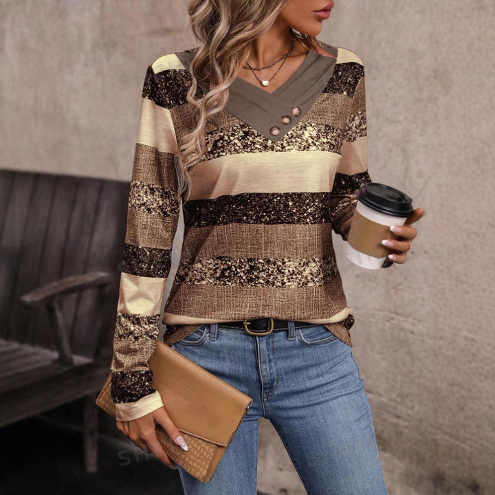 Damen Langarmshirt mit V-Ausschnitt, strukturierter Streifenoptik und Zierknopfleiste Drune