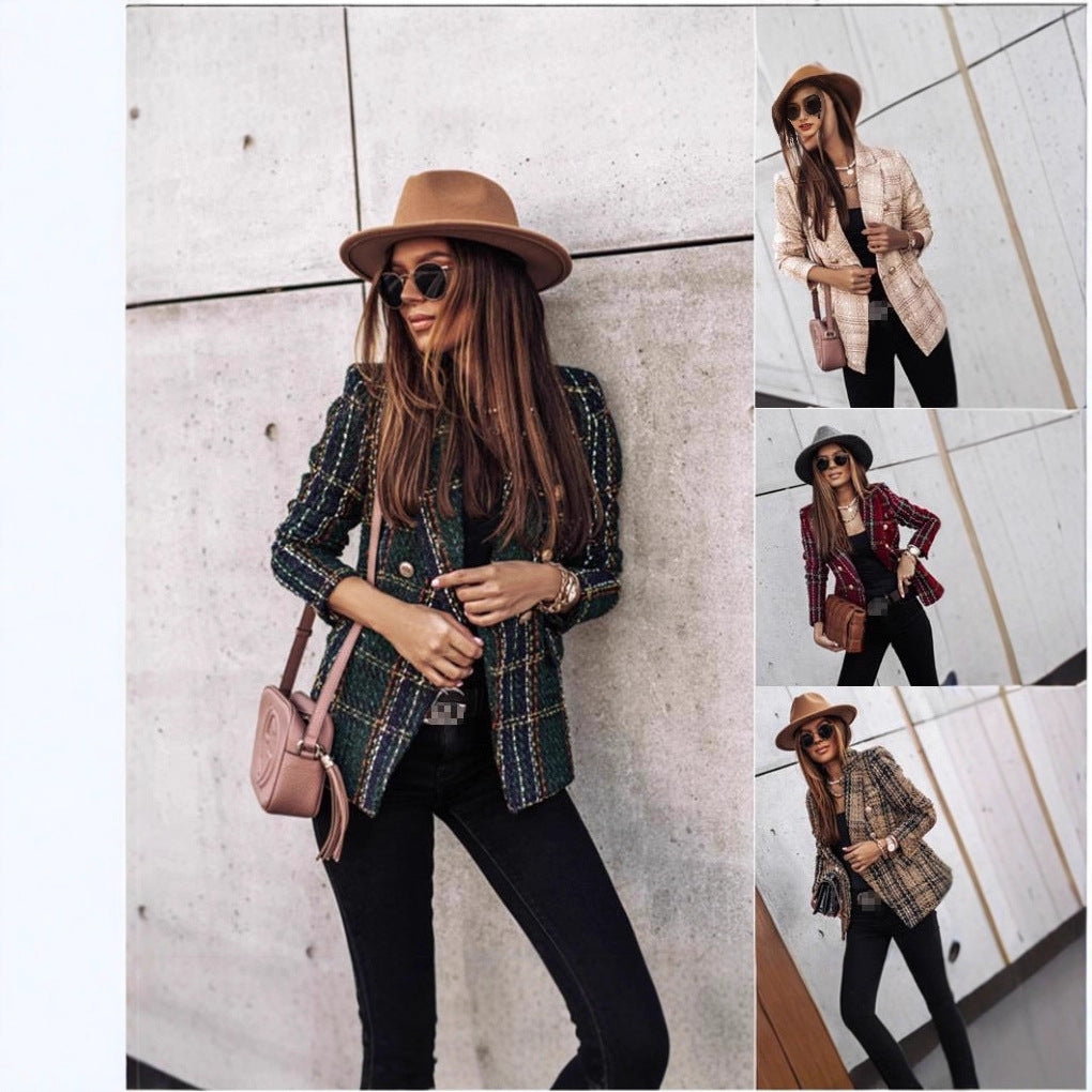 Damen nan eleganter Tweed-Blazer mit Doppelknopf, strukturierter Webung und aufgesetzten Taschen Drune