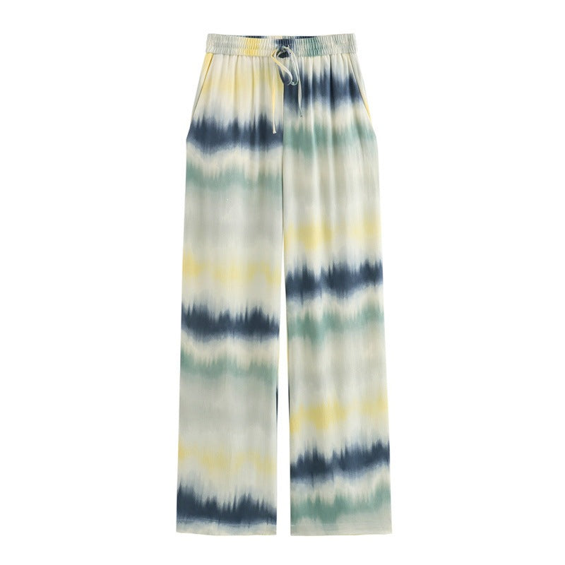 Damen Leichte Palazzo-Hose im Batik-Look mit elastischem Taillenbund, Tunnelzug und Eingrifftaschen Drune