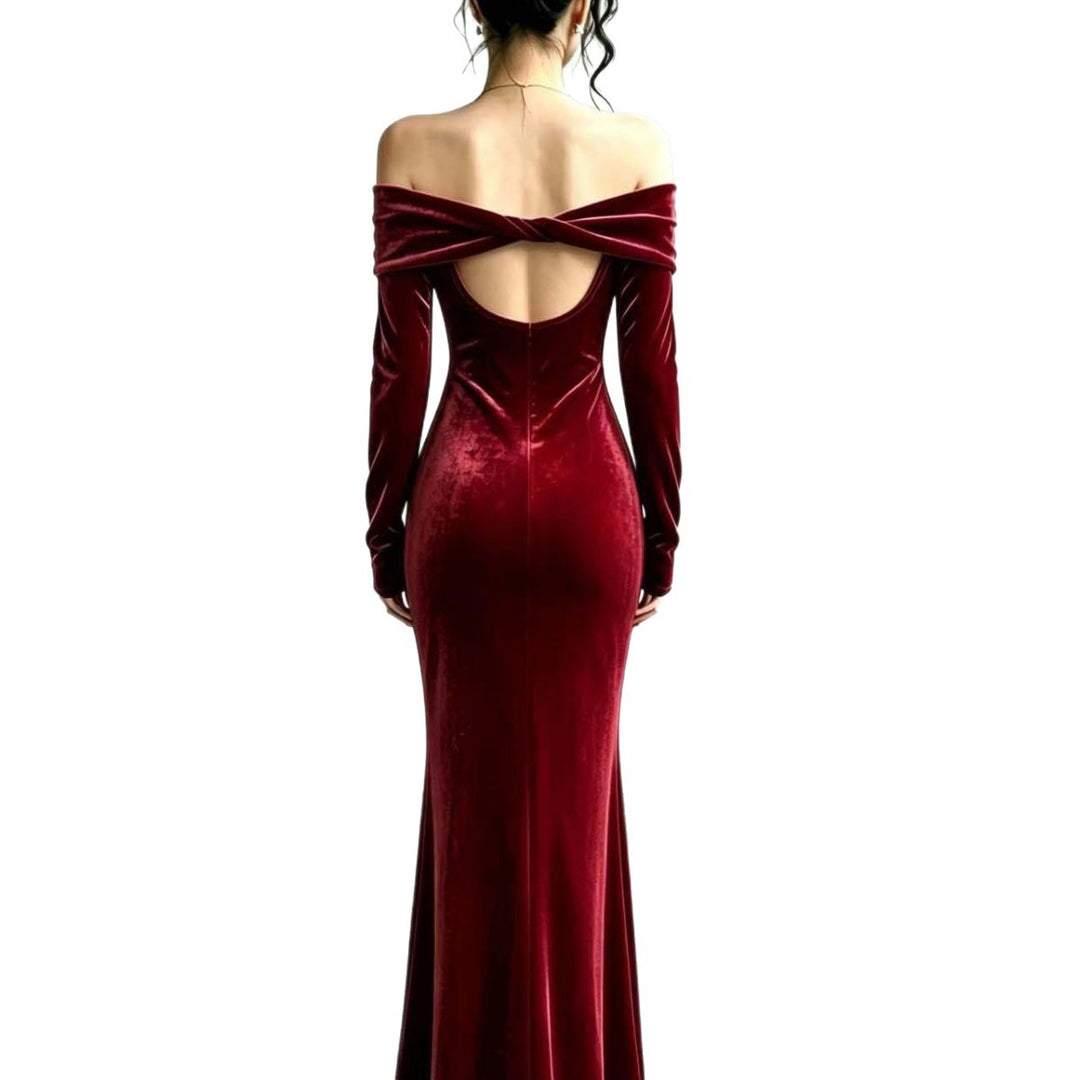 Damen Langes Samtabendkleid mit Carmenausschnitt und tiefem Rückenausschnitt Drune