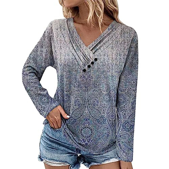 Damen Gerippter V-Ausschnitt Pullover mit Farbverlauf, Zierknöpfen und legerer Passform Drune