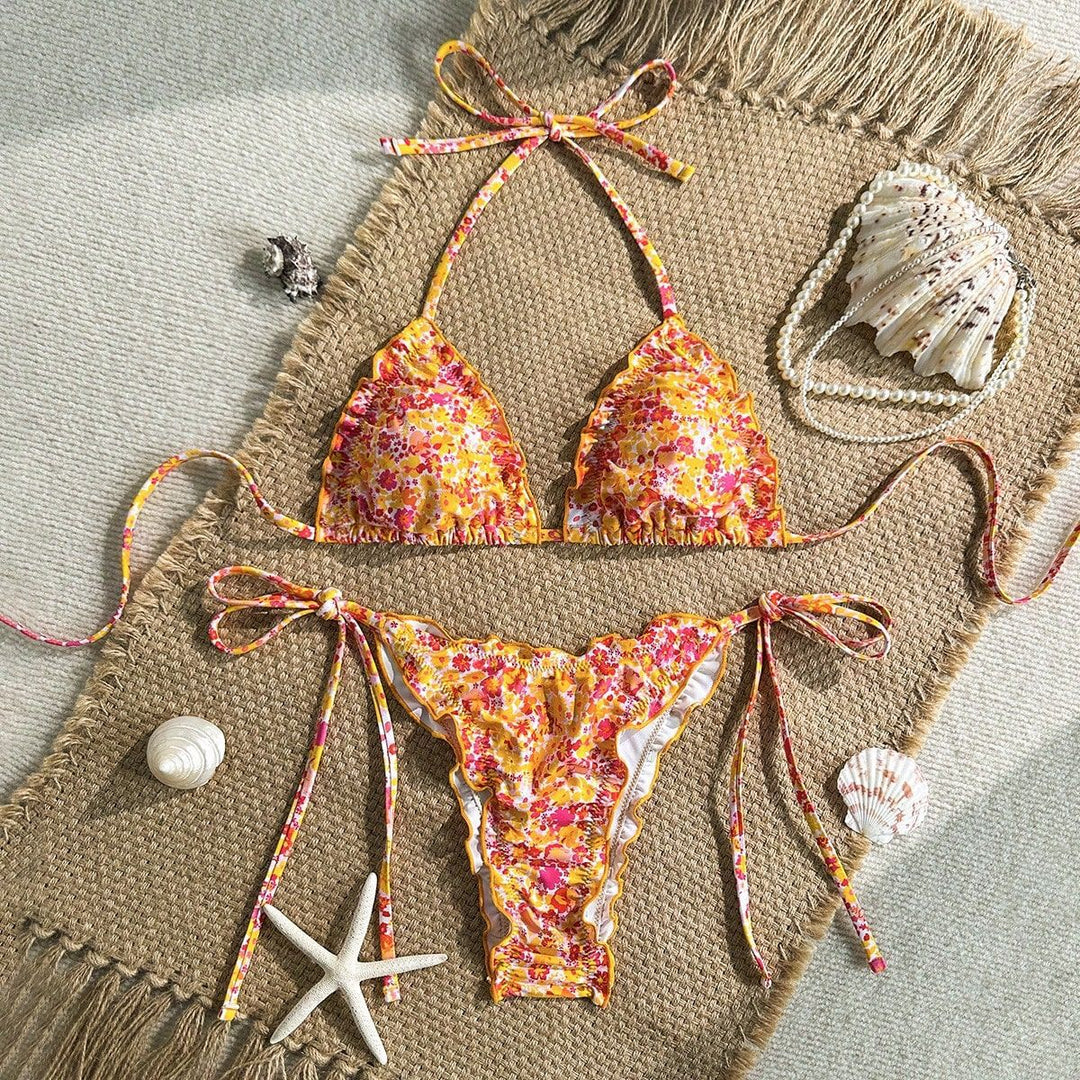Damen Triangel-Bikini mit Rüschendetails und lebhaftem Blumendruck Drune