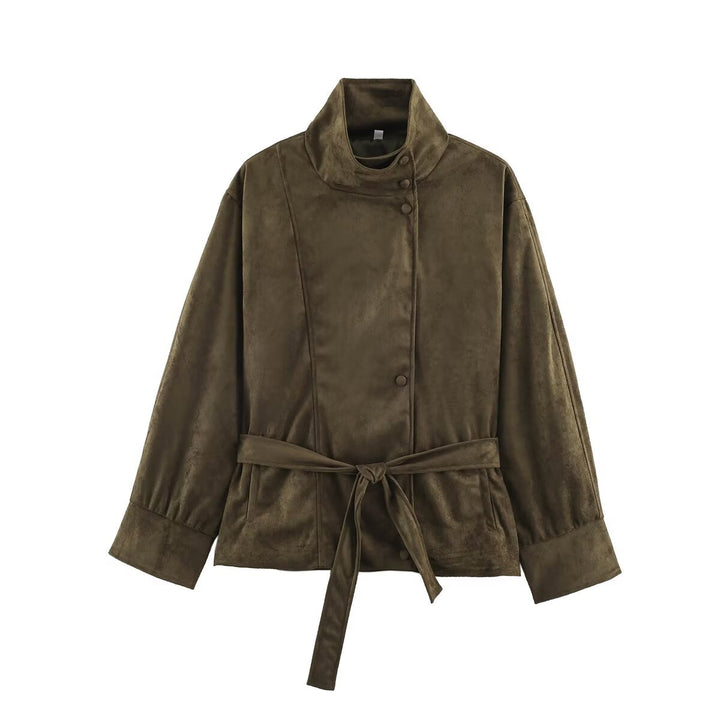 Damen Boxy-Wickeljacke in Veloursoptik mit hohem Stehkragen und Bindegürtel Drune