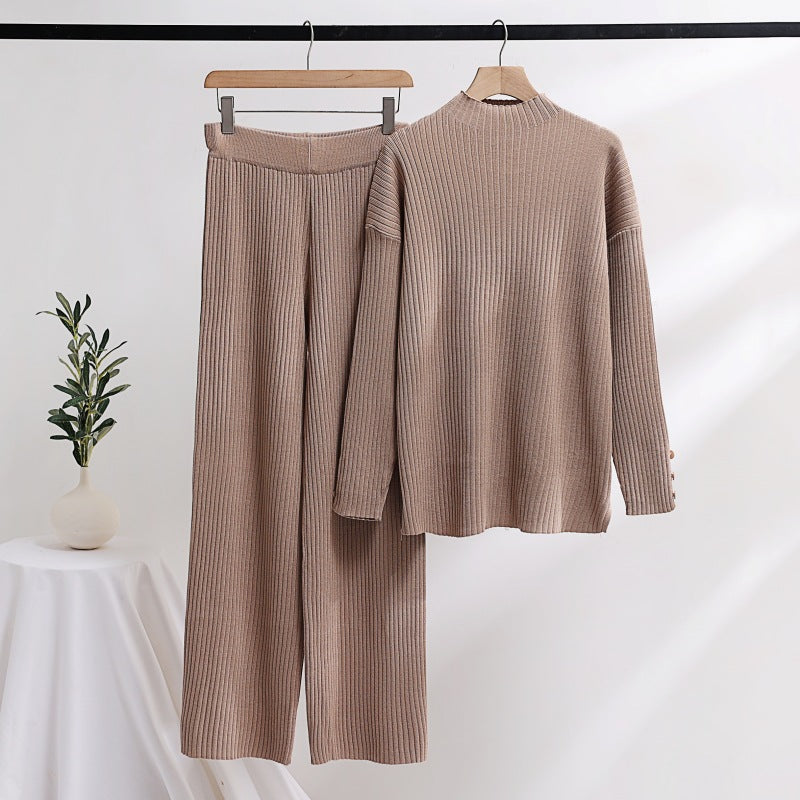Damen lässiger Strickanzug mit Stehkragen und Knopfdetails Drune
