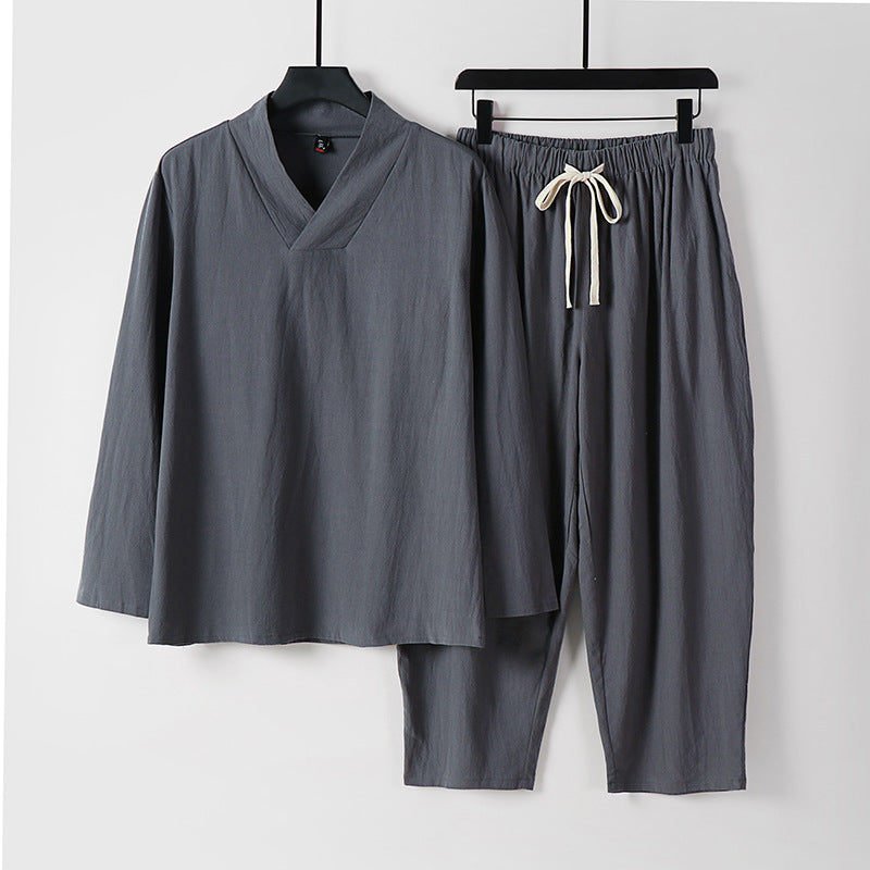 Herren Leichtes, weites Loungewear-Set mit V-Ausschnitt und Kordelbund Drune